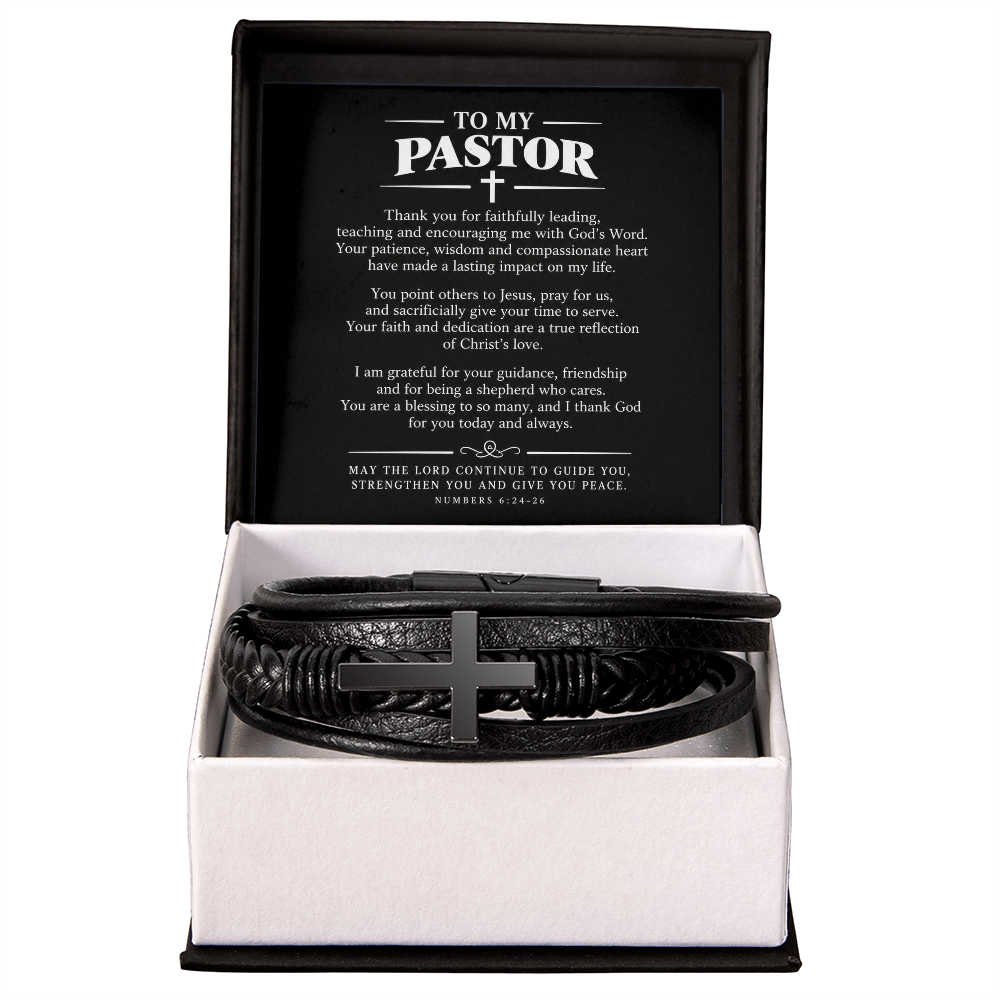 To My Pastor Bracelet - Pastor Christmas Gift for Him, Cross Vegan Leather Bracelet