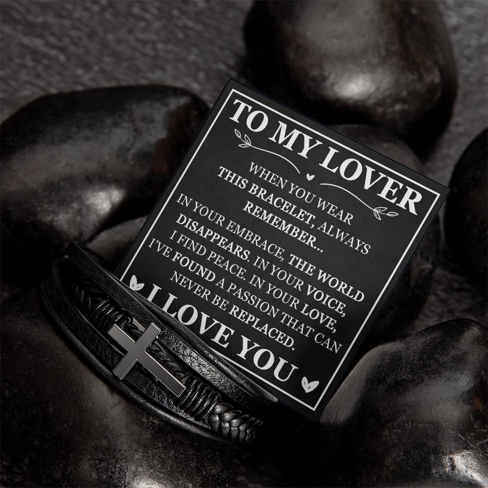 "To My Lover" Leather Cross Bracelet for Him - Religious Faith Gift with Message Card - Men's Leather Cross Bracelet