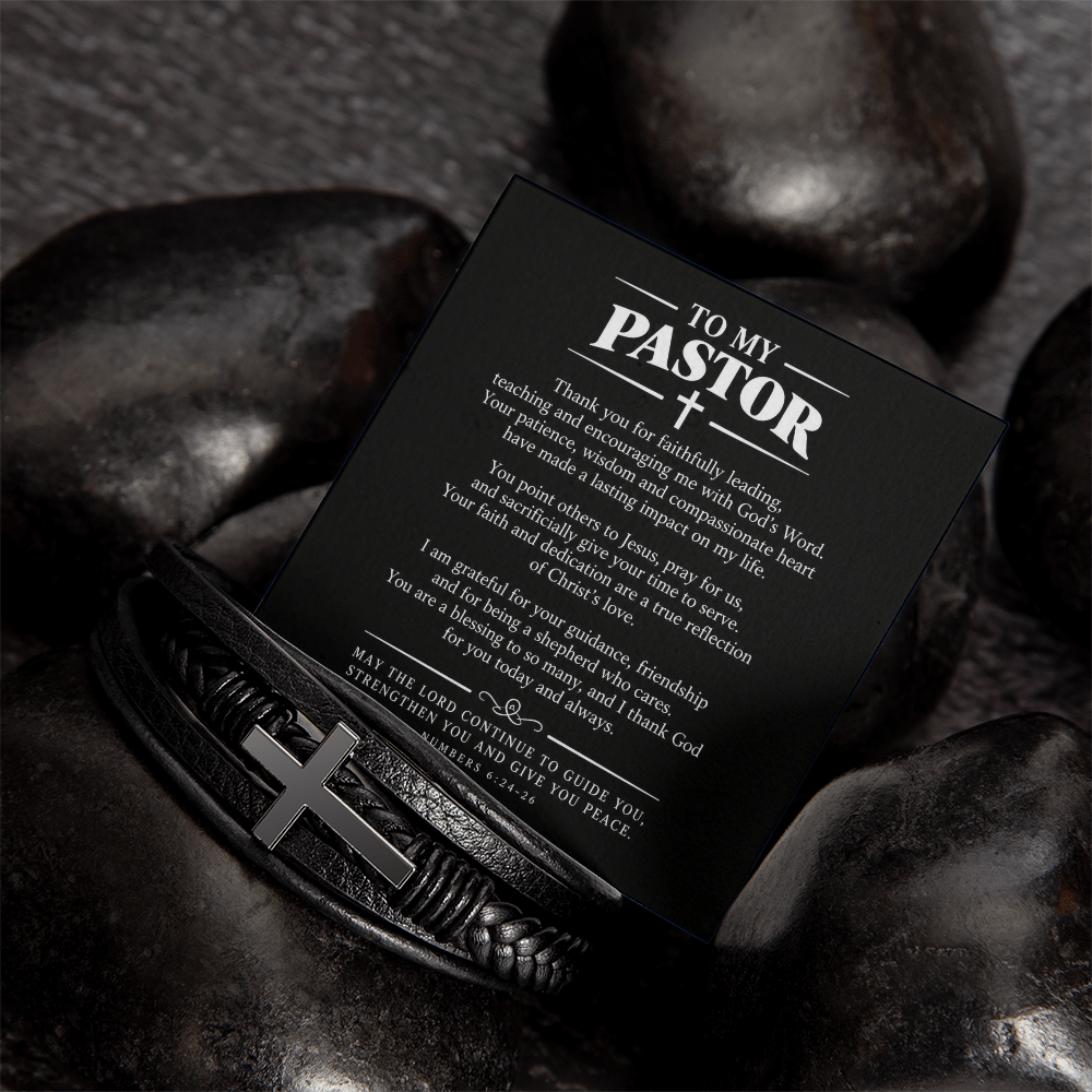 To My Pastor Bracelet - Pastor Christmas Gift for Him, Cross Vegan Leather Bracelet