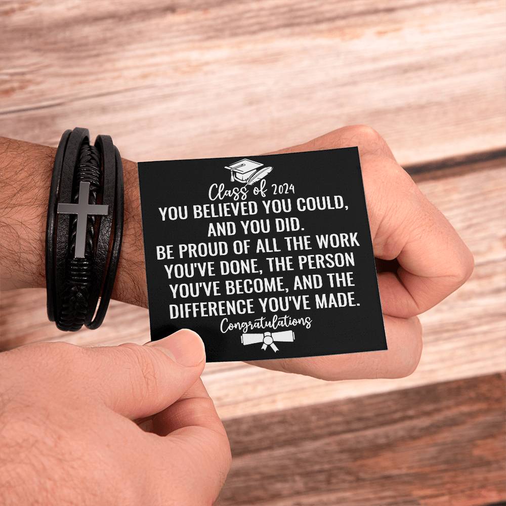 Class of 2024 Graduate Gifts for Him, Class of 2024 Bracelet, Inspirational Leather Cross Bracelet, Gifts from Friends for Graduation