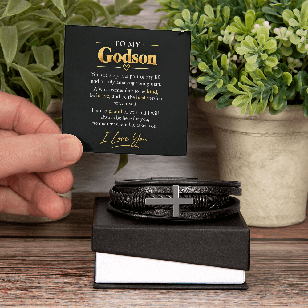 To My Godson Bracelet - Godson Gift from Godmother Godfather, Confirmation Gift, Cross Vegan Leather Bracelet