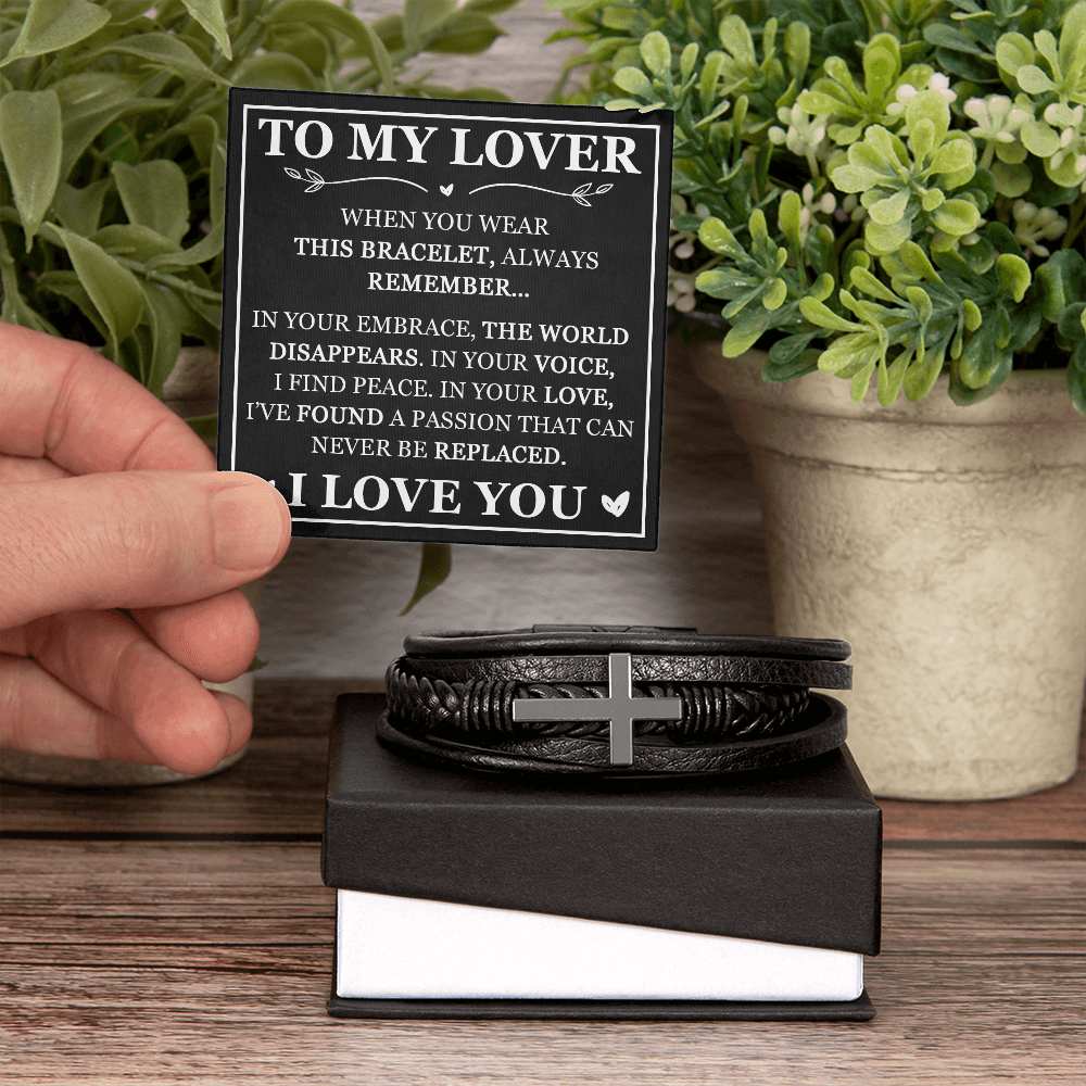 "To My Lover" Leather Cross Bracelet for Him - Religious Faith Gift with Message Card - Men's Leather Cross Bracelet
