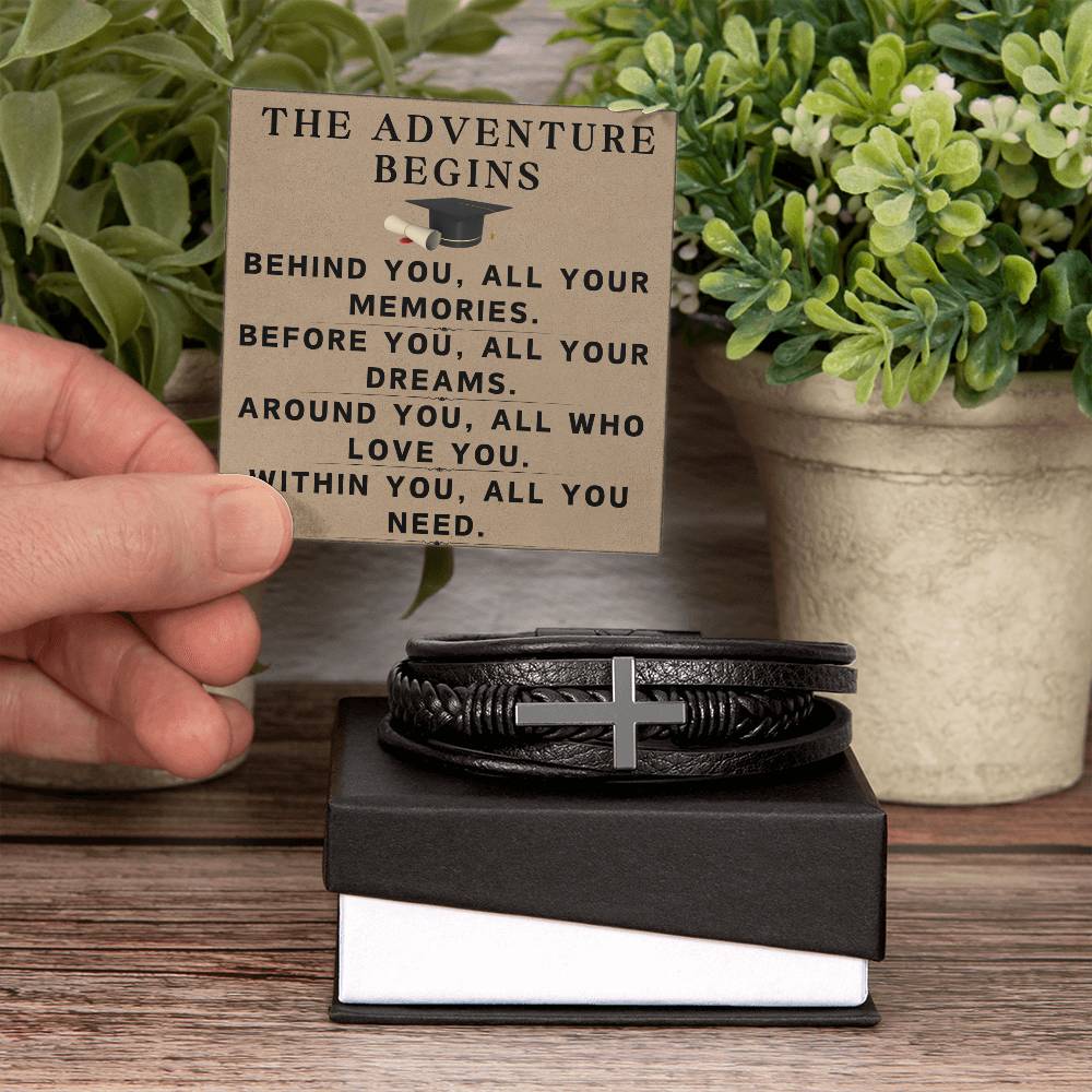 Graduate Gifts for Him Graduation Bracelet for Men Christian Gradation Gift The Adventure Begins Before You All Your Dreams Around You All Who Love You Graduate Men's Cross Bracelet