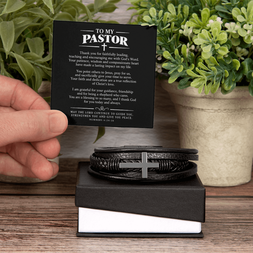 To My Pastor Bracelet - Pastor Christmas Gift for Him, Cross Vegan Leather Bracelet