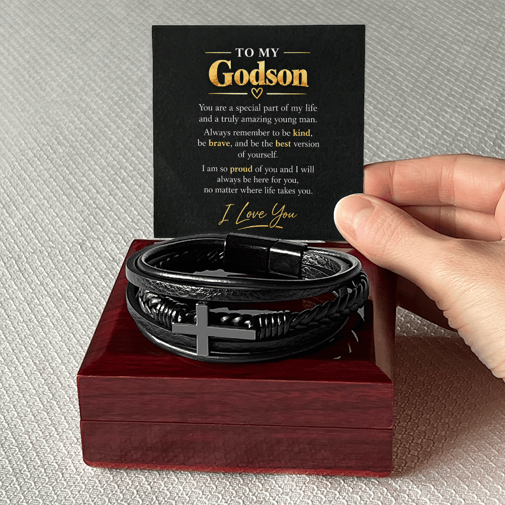 To My Godson Bracelet - Godson Gift from Godmother Godfather, Confirmation Gift, Cross Vegan Leather Bracelet