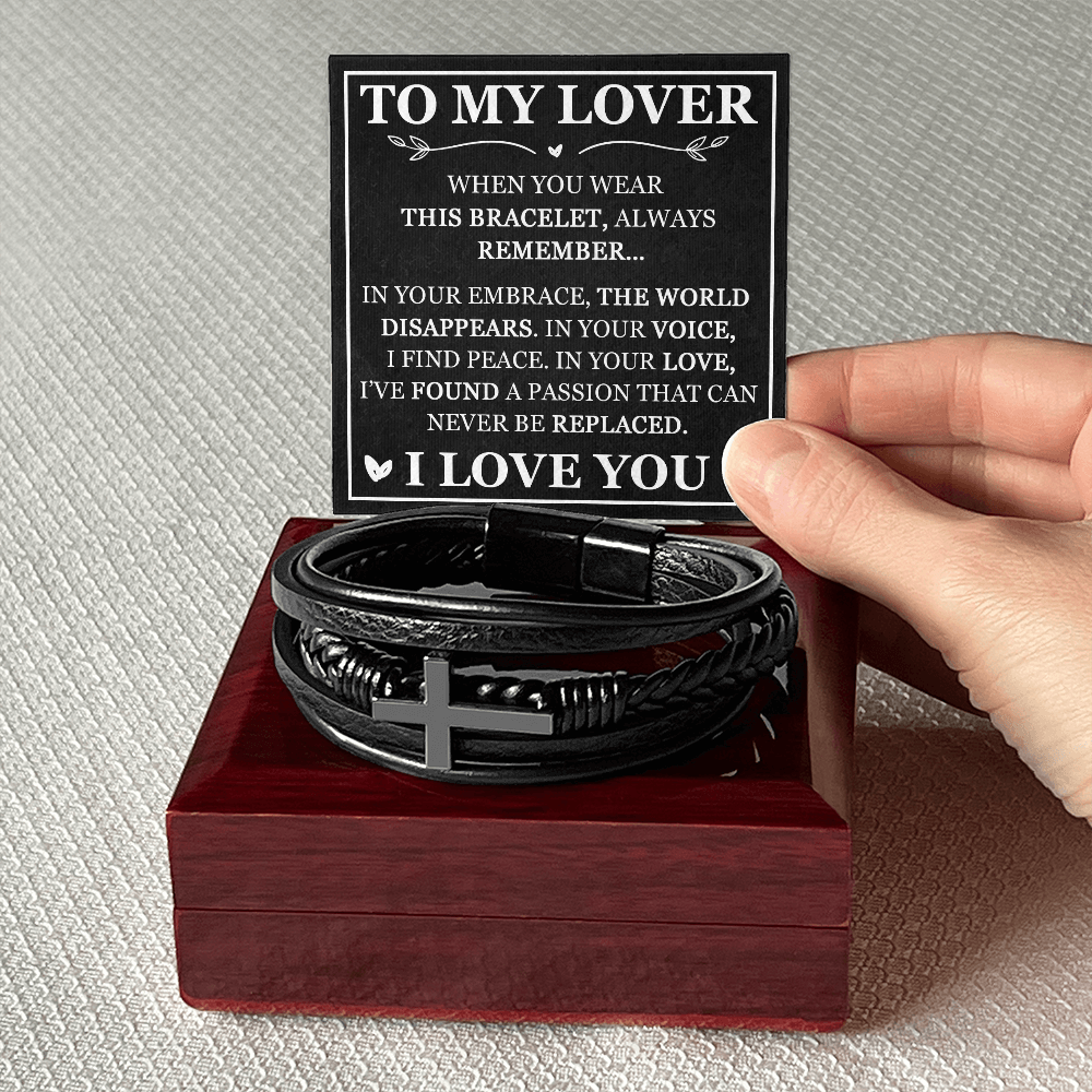 "To My Lover" Leather Cross Bracelet for Him - Religious Faith Gift with Message Card - Men's Leather Cross Bracelet