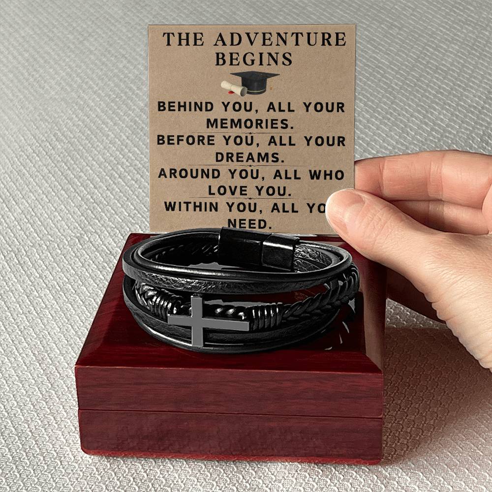 Graduate Gifts for Him Graduation Bracelet for Men Christian Gradation Gift The Adventure Begins Before You All Your Dreams Around You All Who Love You Graduate Men's Cross Bracelet