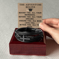 Load image into Gallery viewer, Graduate Gifts for Him Graduation Bracelet for Men Christian Gradation Gift The Adventure Begins Before You All Your Dreams Around You All Who Love You Graduate Men's Cross Bracelet ShineOn Fulfillment
