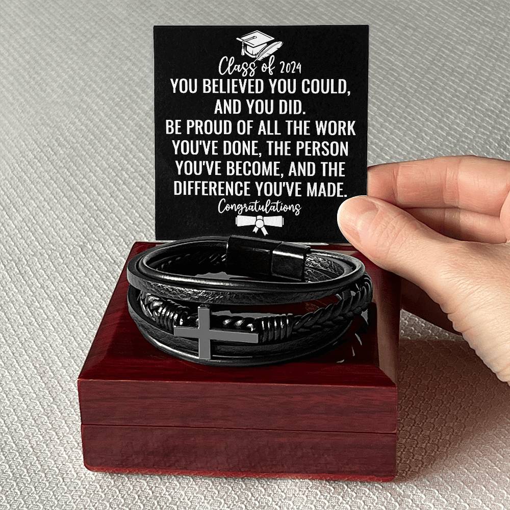 Class of 2024 Graduate Gifts for Him, Class of 2024 Bracelet, Inspirational Leather Cross Bracelet, Gifts from Friends for Graduation