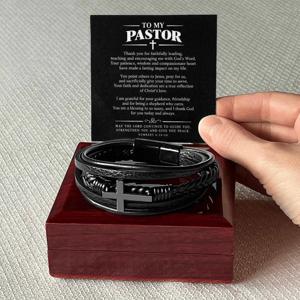 To My Pastor Bracelet - Pastor Christmas Gift for Him, Cross Vegan Leather Bracelet