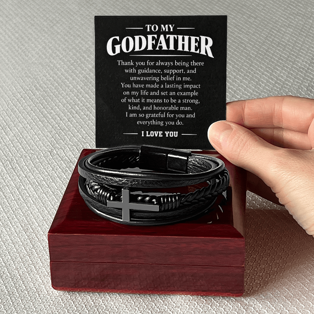 To My Godfather Bracelet - Godfather Gift from Goddaughter Godson, Cross Vegan Leather Bracelet