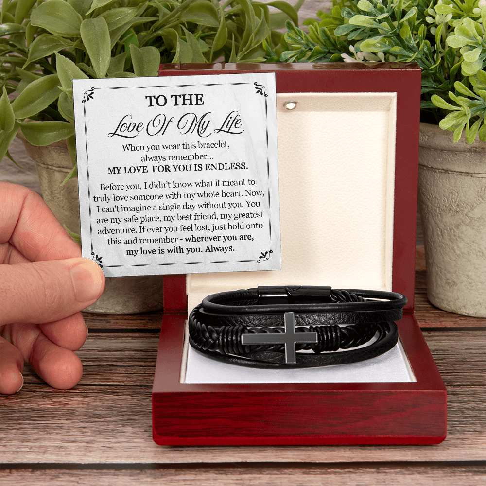To The Love of My Life Bracelet for Men, Anniversary Gifts for Husband, Boyfriend, Leather Bracelet for Birthday, Christmas, Valentines Day