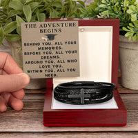 Load image into Gallery viewer, Graduate Gifts for Him Graduation Bracelet for Men Christian Gradation Gift The Adventure Begins Before You All Your Dreams Around You All Who Love You Graduate Men's Cross Bracelet ShineOn Fulfillment
