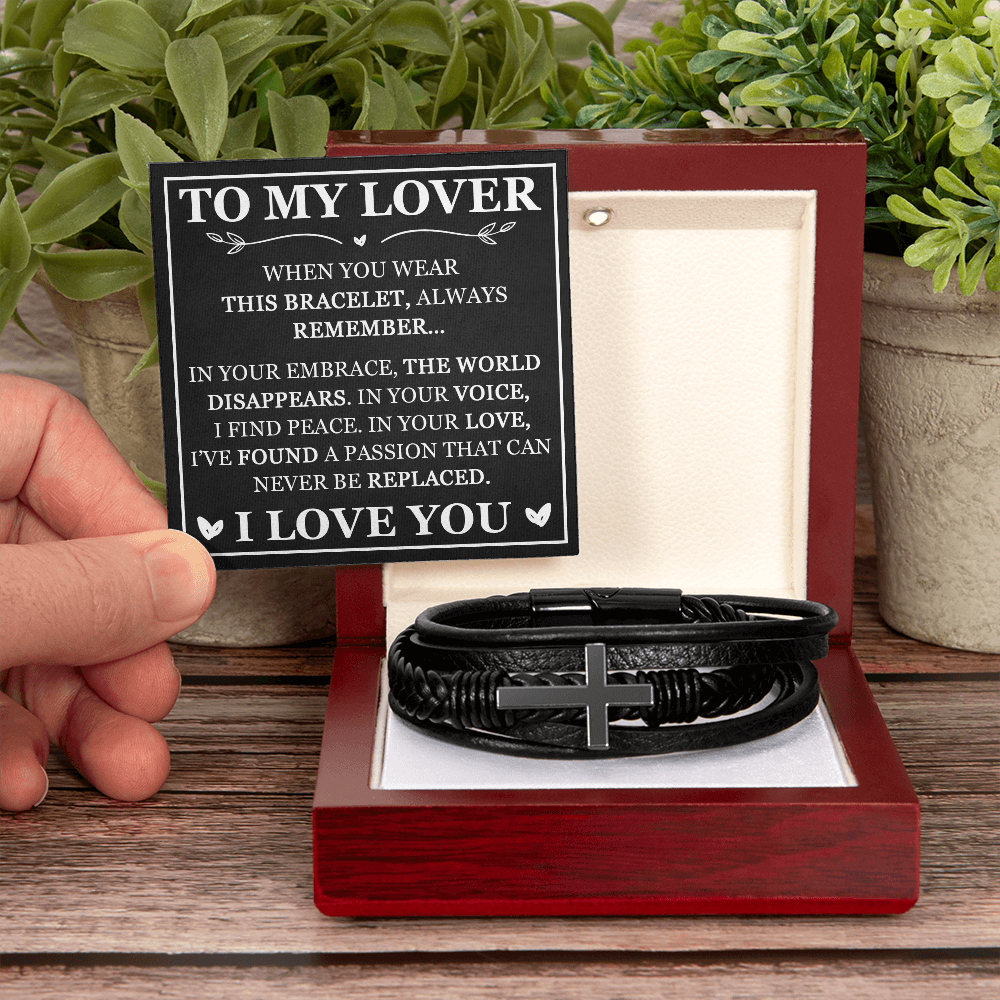 "To My Lover" Leather Cross Bracelet for Him - Religious Faith Gift with Message Card - Men's Leather Cross Bracelet