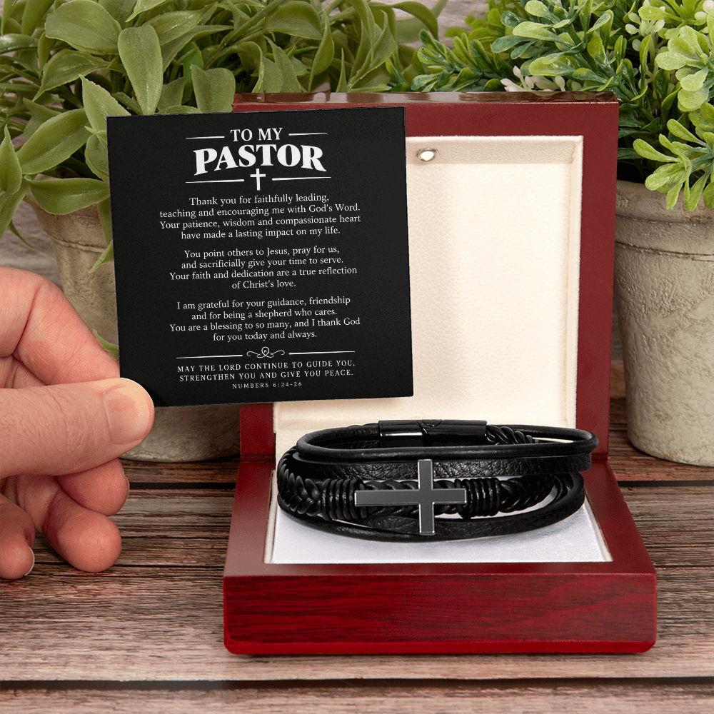 To My Pastor Bracelet - Pastor Christmas Gift for Him, Cross Vegan Leather Bracelet