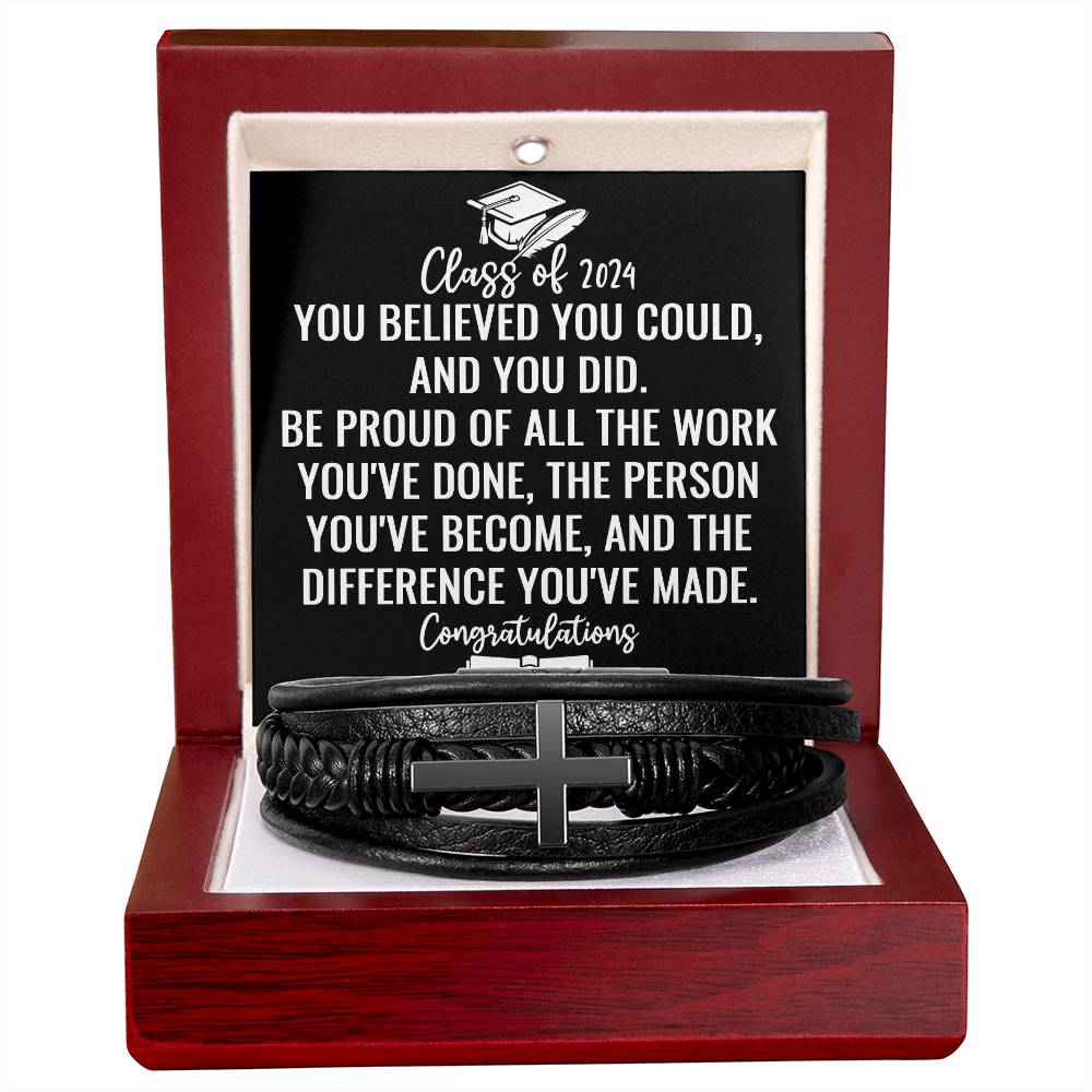 Class of 2024 Graduate Gifts for Him, Class of 2024 Bracelet, Inspirational Leather Cross Bracelet, Gifts from Friends for Graduation