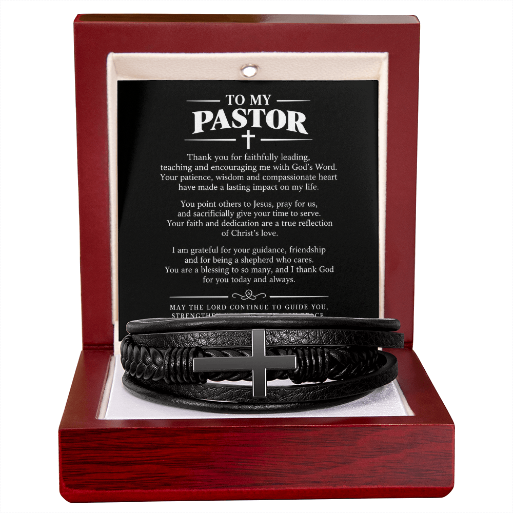 To My Pastor Bracelet - Pastor Christmas Gift for Him, Cross Vegan Leather Bracelet