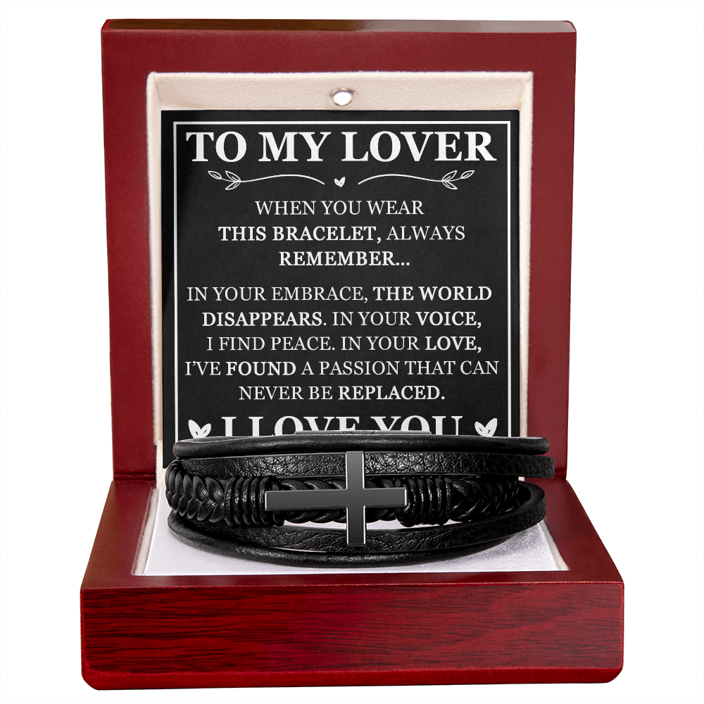 "To My Lover" Leather Cross Bracelet for Him - Religious Faith Gift with Message Card - Men's Leather Cross Bracelet