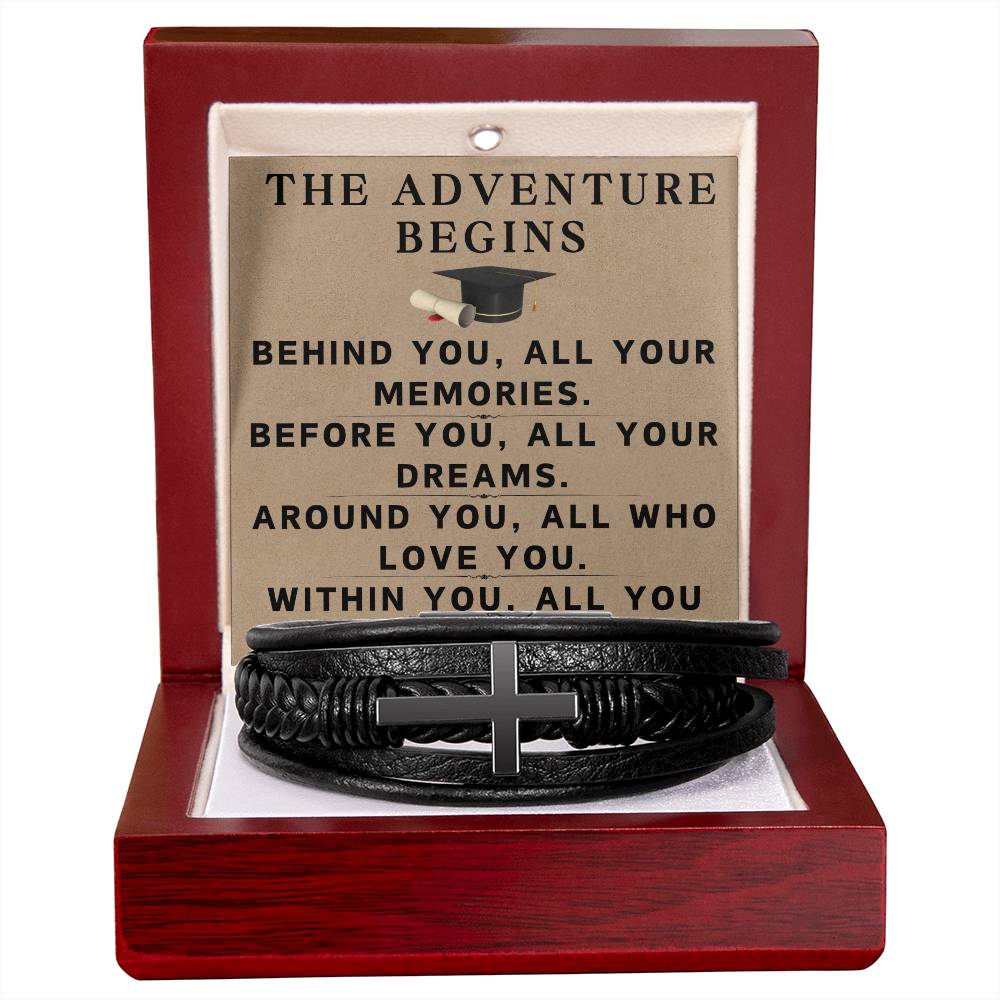 Graduate Gifts for Him Graduation Bracelet for Men Christian Gradation Gift The Adventure Begins Before You All Your Dreams Around You All Who Love You Graduate Men's Cross Bracelet