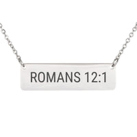 Load image into Gallery viewer, Romans 12_1 Bar Necklace - Dainty Purpose Scripture Jewelry for Mom

