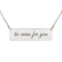 Load image into Gallery viewer, He Cares for You Necklace - 1 Peter 5:7 Peace Christian Jewelry, Self Care Gift
