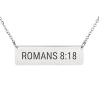 Load image into Gallery viewer, Romans 8:18 Bar Necklace - Dainty Comfort Scripture Jewelry for Grieving Friend
