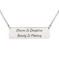 Load image into Gallery viewer, Charm Is Deceptive Beauty Is Fleeting Engraved Necklace - Gift for Sister, Proverbs 31_30 Women's Scripture Jewelry
