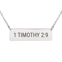 Load image into Gallery viewer, 1 Timothy 2:9 Bar Necklace - Mother's Day Gift, Dainty Women's Bible Verse Jewelry
