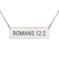 Load image into Gallery viewer, Romans 12_2 Horizontal Bar Necklace - Minimalist Graduation Scripture Pendant, Gift for Graduate
