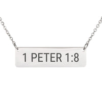 Load image into Gallery viewer, 1 Peter 1:8 Bar Necklace - Minimalist Faith Bible Pendant for Her
