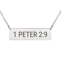 Load image into Gallery viewer, 1 Peter 2:9 Bar Necklace - Minimalist Encouragement Religious Jewelry, Confirmation Gift
