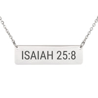 Load image into Gallery viewer, Isaiah 25:8 Engraved Necklace - Minimalist Comfort Bible Scripture Jewelry, Grief Gift for Her
