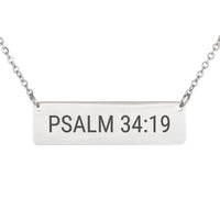 Load image into Gallery viewer, Psalm 34:19 Bar Necklace - Dainty Protection Scripture Pendant for Sister

