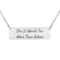 Load image into Gallery viewer, She Is Worth Far More Than Rubies Engraved Necklace, Proverbs 31_10 Women's Scripture Gift for Sister
