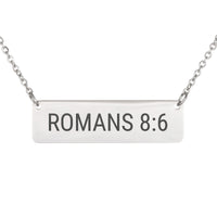 Load image into Gallery viewer, Romans 8:6 Bar Necklace - Minimalist Peace Bible Pendant, Calming Gift for Her
