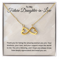 Load image into Gallery viewer, Gold infinity heart necklace for future daughter-in-law in mahogany luxury box with sentimental message card
