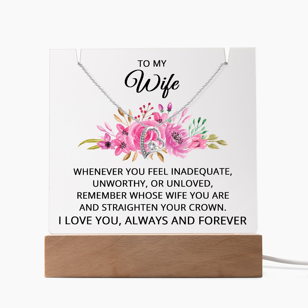To My Wife Necklace, Acrylic Plaque with LED Light and Necklace for Wife, Anniversary Jewelry for Her