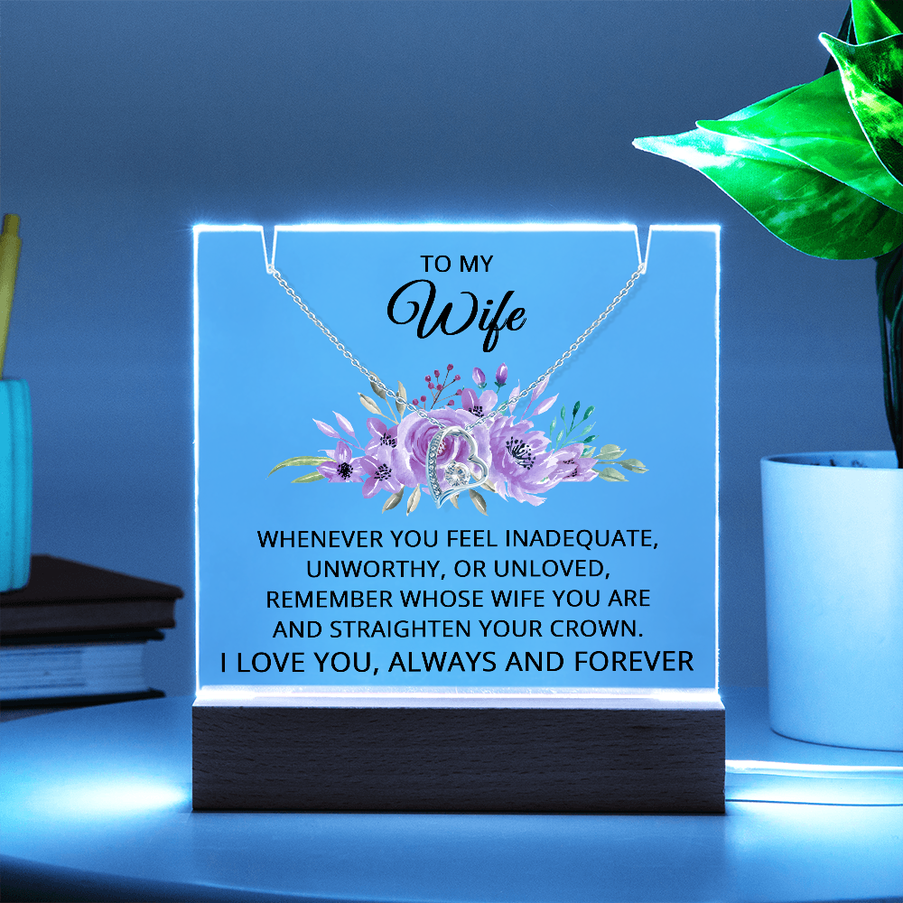 To My Wife Necklace, Acrylic Plaque with LED Light and Necklace for Wife, Anniversary Jewelry for Her