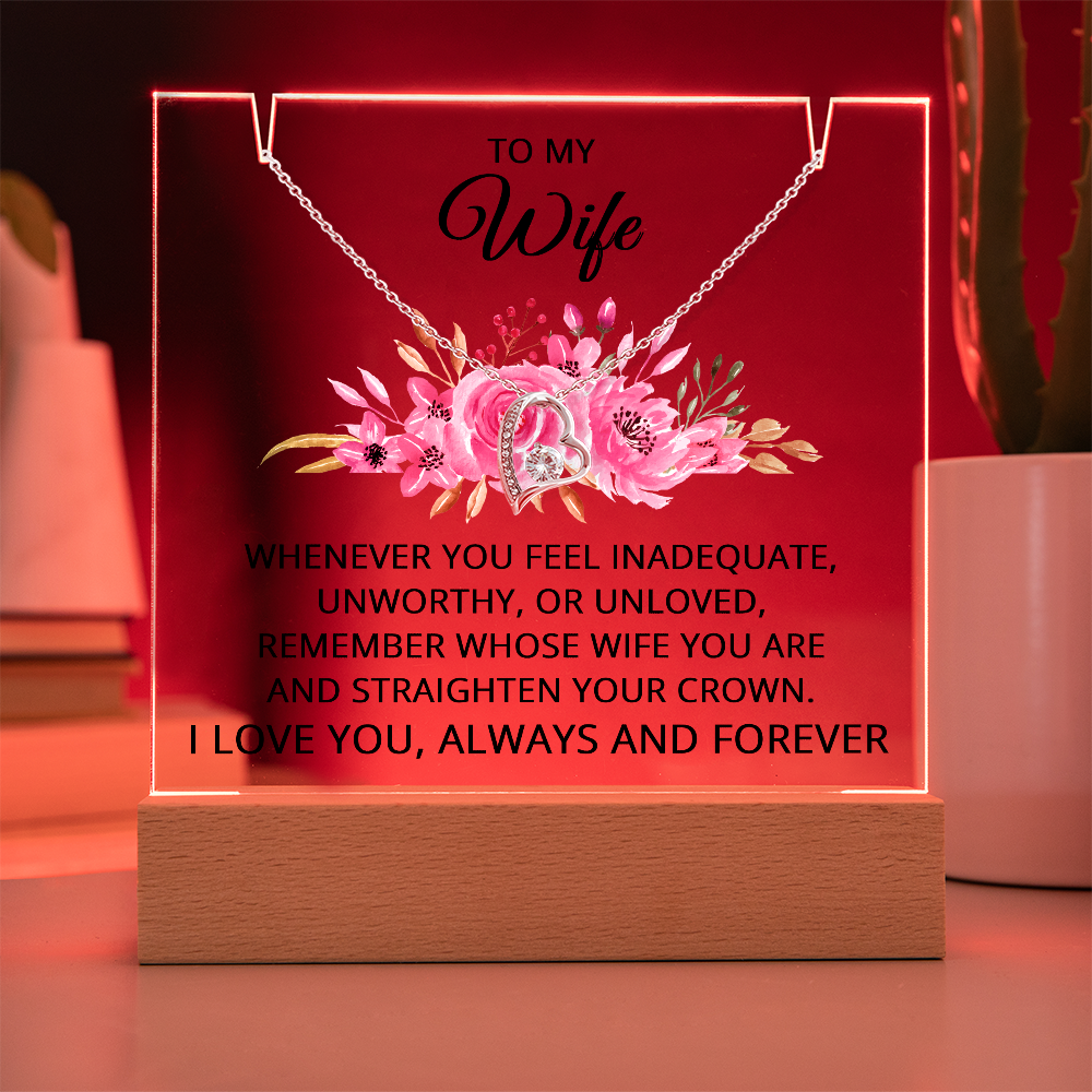 To My Wife Necklace, Acrylic Plaque with LED Light and Necklace for Wife, Anniversary Jewelry for Her