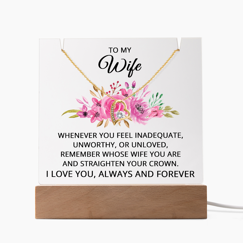 To My Wife Necklace, Acrylic Plaque with LED Light and Necklace for Wife, Anniversary Jewelry for Her