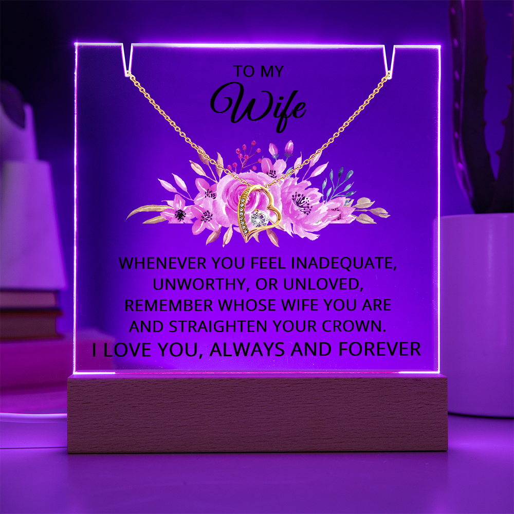 To My Wife Necklace, Acrylic Plaque with LED Light and Necklace for Wife, Anniversary Jewelry for Her