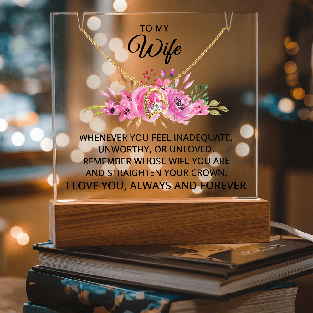 To My Wife Necklace, Acrylic Plaque with LED Light and Necklace for Wife, Anniversary Jewelry for Her