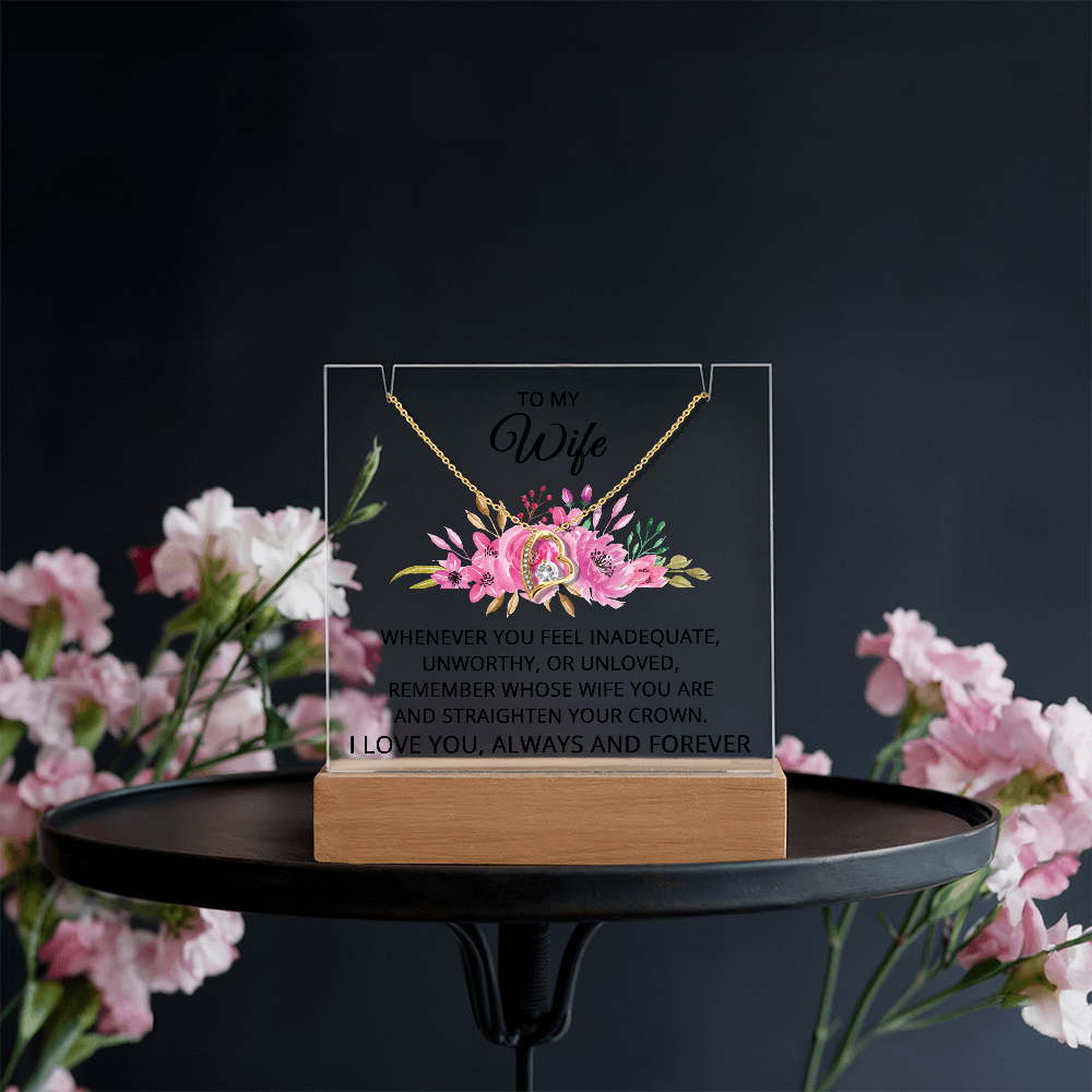 To My Wife Necklace, Acrylic Plaque with LED Light and Necklace for Wife, Anniversary Jewelry for Her