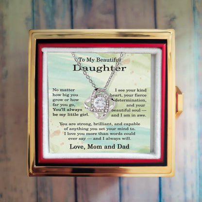To My Beautiful Daughter Necklace from Mom and Dad, Daughter Love Knot Necklace with Rotating Rose Gift Box