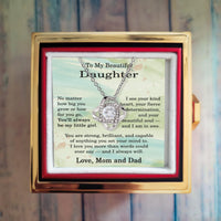 Load image into Gallery viewer, To My Beautiful Daughter Necklace from Mom and Dad, Daughter Love Knot Necklace with Rotating Rose Gift Box
