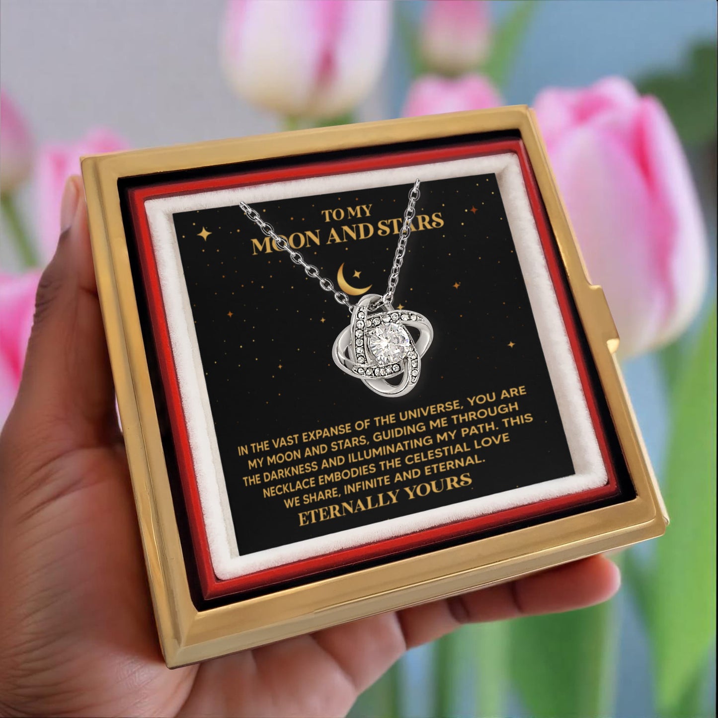 To My Moon and Stars Necklace for Her, Anniversary Necklace for Wife or Girlfriend, Christmas Gifts for Partner with Gold Luxury Box and Red Rose