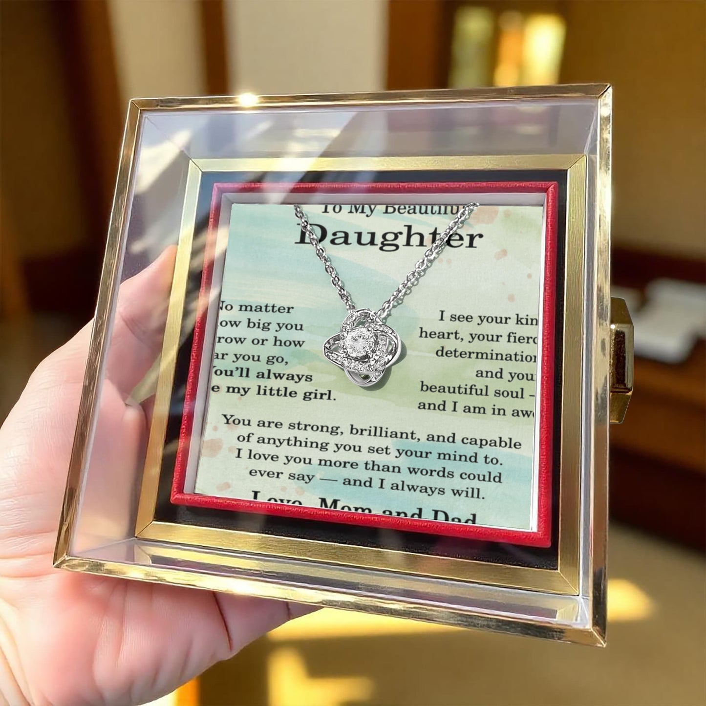To My Beautiful Daughter Necklace from Mom and Dad, Daughter Love Knot Necklace with Rotating Rose Gift Box