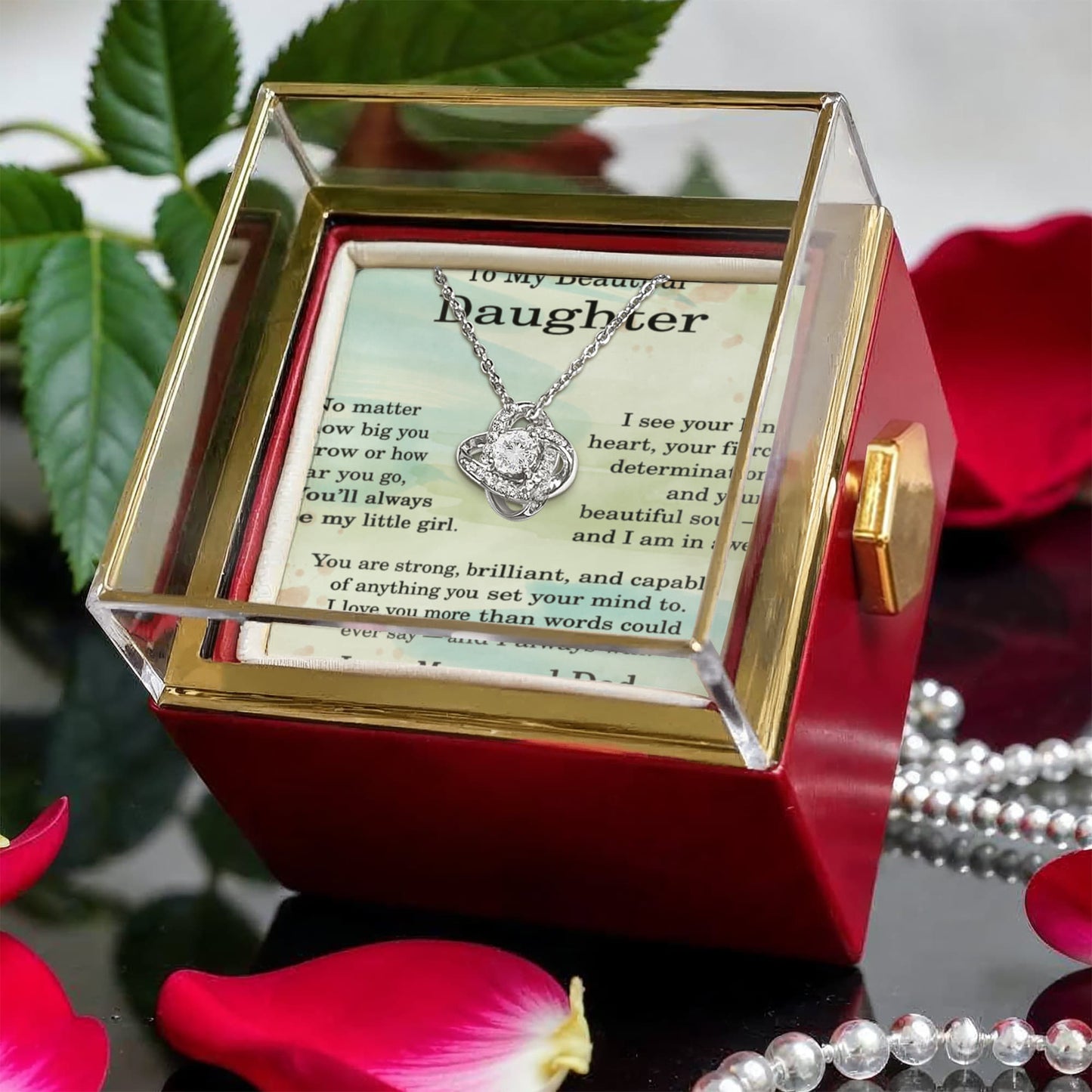 To My Beautiful Daughter Necklace from Mom and Dad, Daughter Love Knot Necklace with Rotating Rose Gift Box