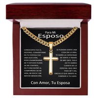 Load image into Gallery viewer, Regalo para hombre cumpleaños: Collar de cruz con cadena cubana en oro de 18K y tarjeta en español.
