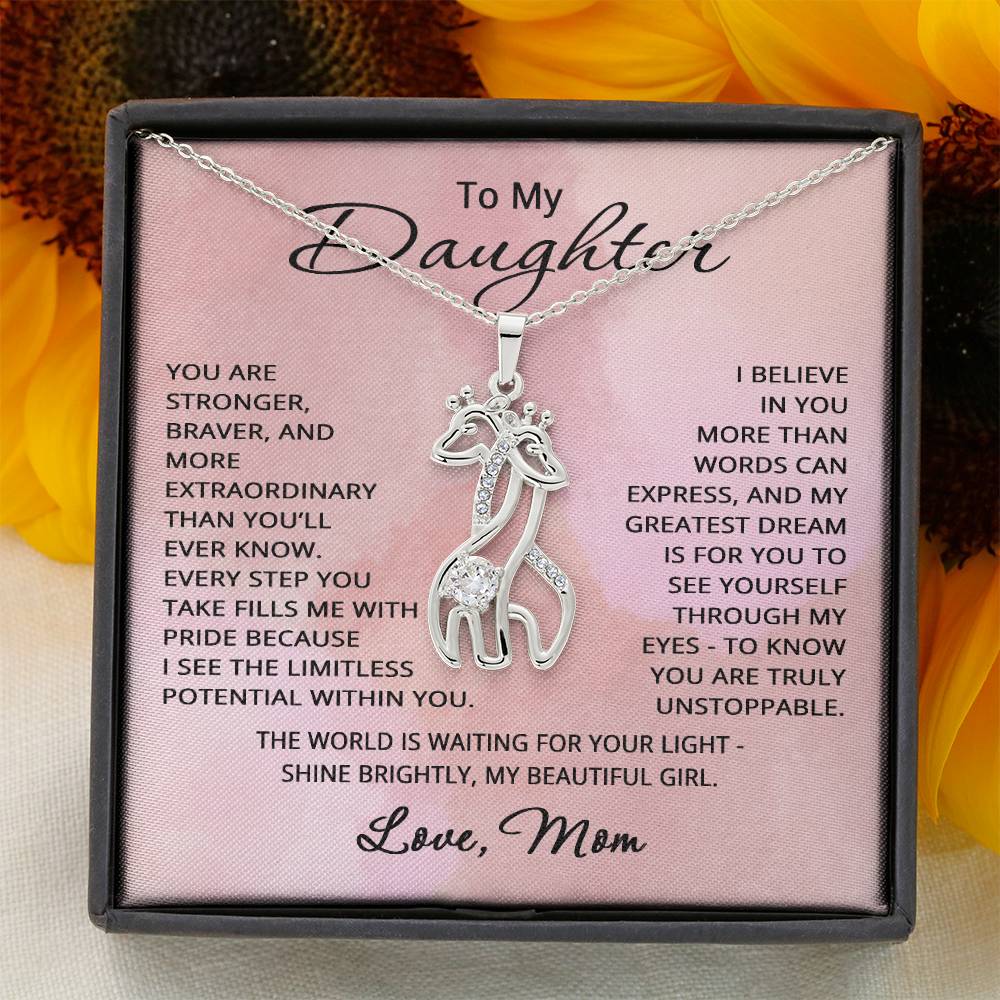 To My Daughter Necklace from Mom Daughter Gift for Christmas Birthday Giraffe Pendant Jewelry Stronger Braver